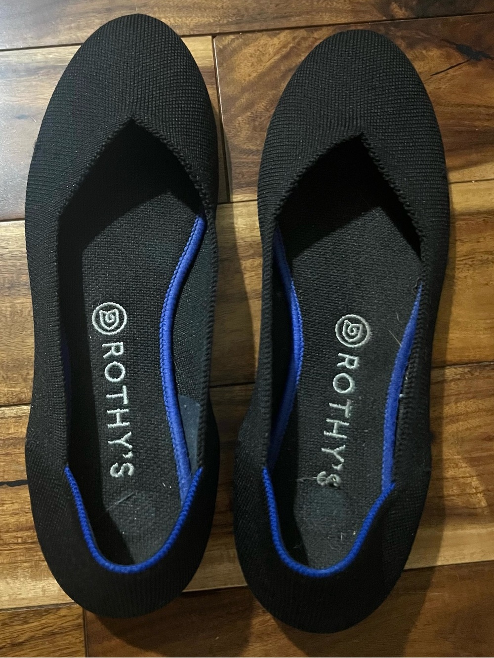 Rothy’s The Flat Black Knit Round Toe Ballet Flats Blue Trim Size 9.5